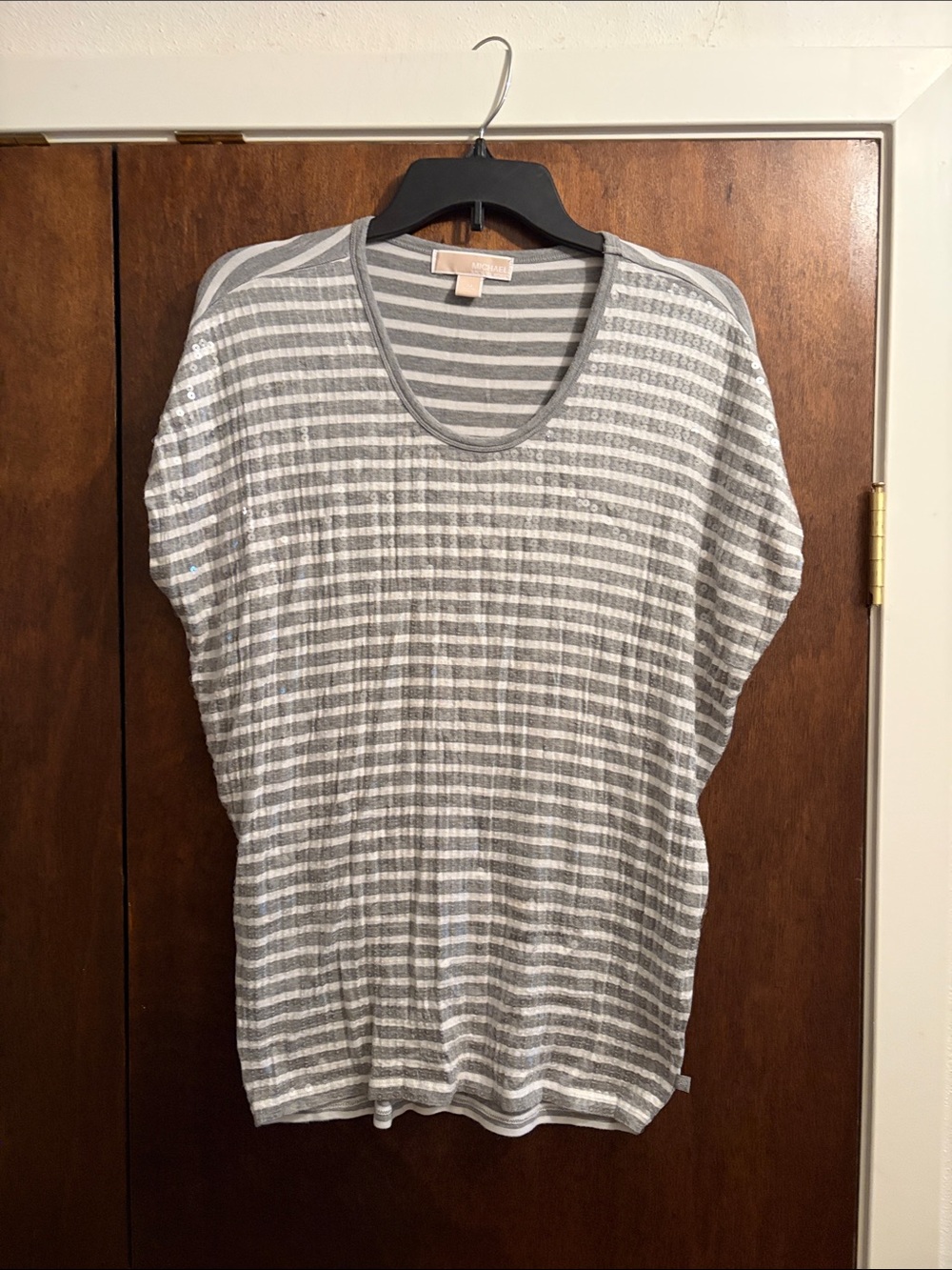 MICHAEL Michael Kors Gray and White Striped Scoop-Neck